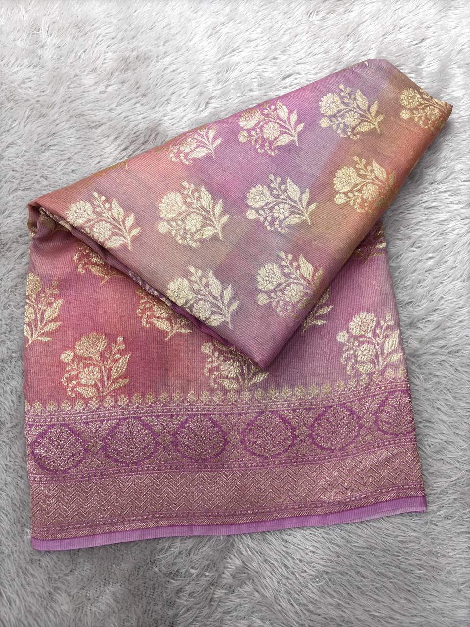 Mauve Lavender & Coral Pink Pastel Rungkaat Handloom Banarasi Kora Silk Saree | Antique Gold Kadhua Floral Bunch Boota & Jaal Pallu