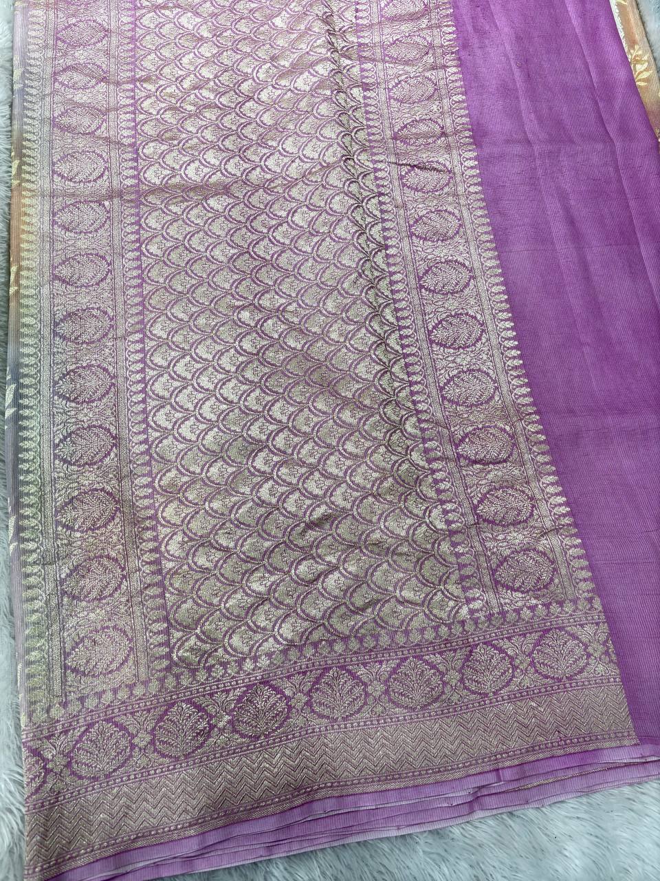 Mauve Lavender & Coral Pink Pastel Rungkaat Handloom Banarasi Kora Silk Saree | Antique Gold Kadhua Floral Bunch Boota & Jaal Pallu