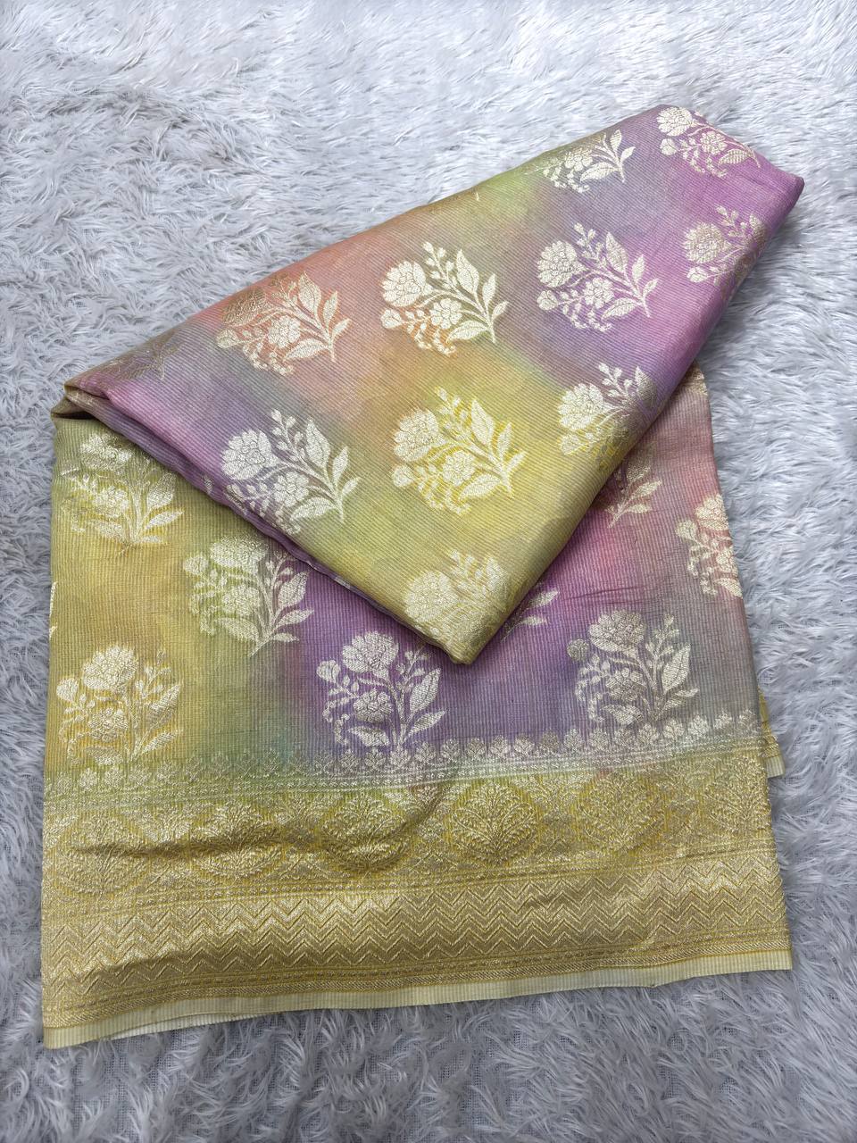 Multicolor Pastel Pastel Shibori Rungkaat Handloom Banarasi Kora Silk Saree | Silver Kadhua Floral Bunch Boota & Jaal Pallu