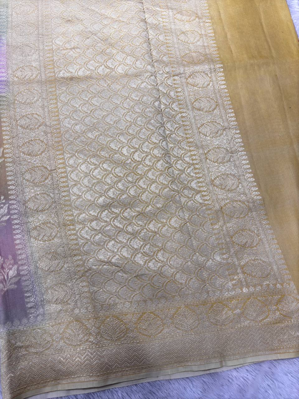 Multicolor Pastel Pastel Shibori Rungkaat Handloom Banarasi Kora Silk Saree | Silver Kadhua Floral Bunch Boota & Jaal Pallu