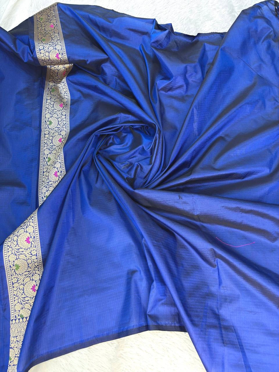 Royal Navy Blue Pure Katan Silk Banarasi Saree with Silver-Gold Meenakari Jungla Jhaal & Grand Zari Border