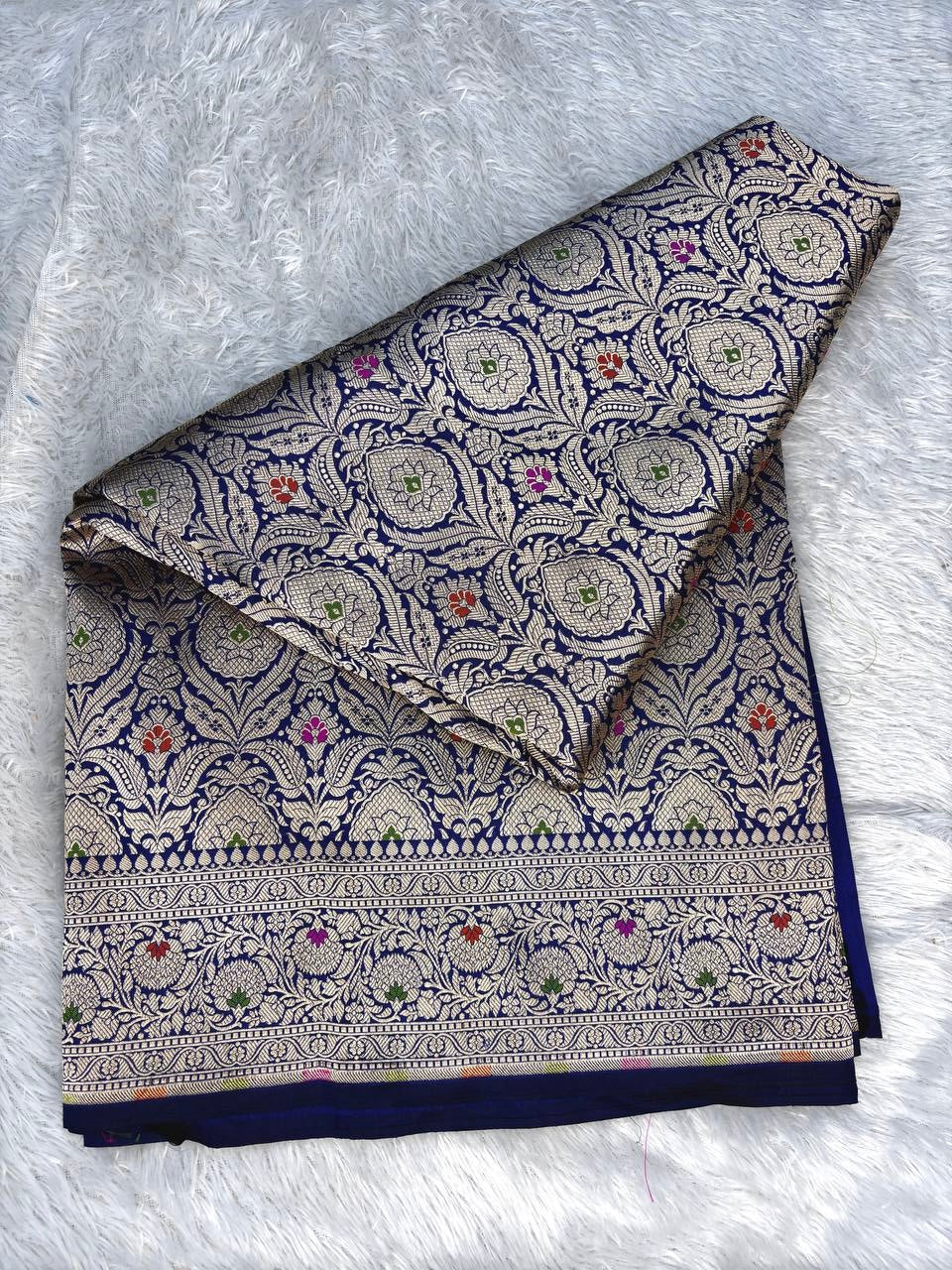 Royal Navy Blue Pure Katan Silk Banarasi Saree with Silver-Gold Meenakari Jungla Jhaal & Grand Zari Border