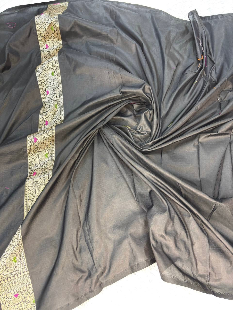 Jet Black Pure Katan Silk Banarasi Saree with Silver-Tone Jungla Jhaal & Vibrant Meenakari