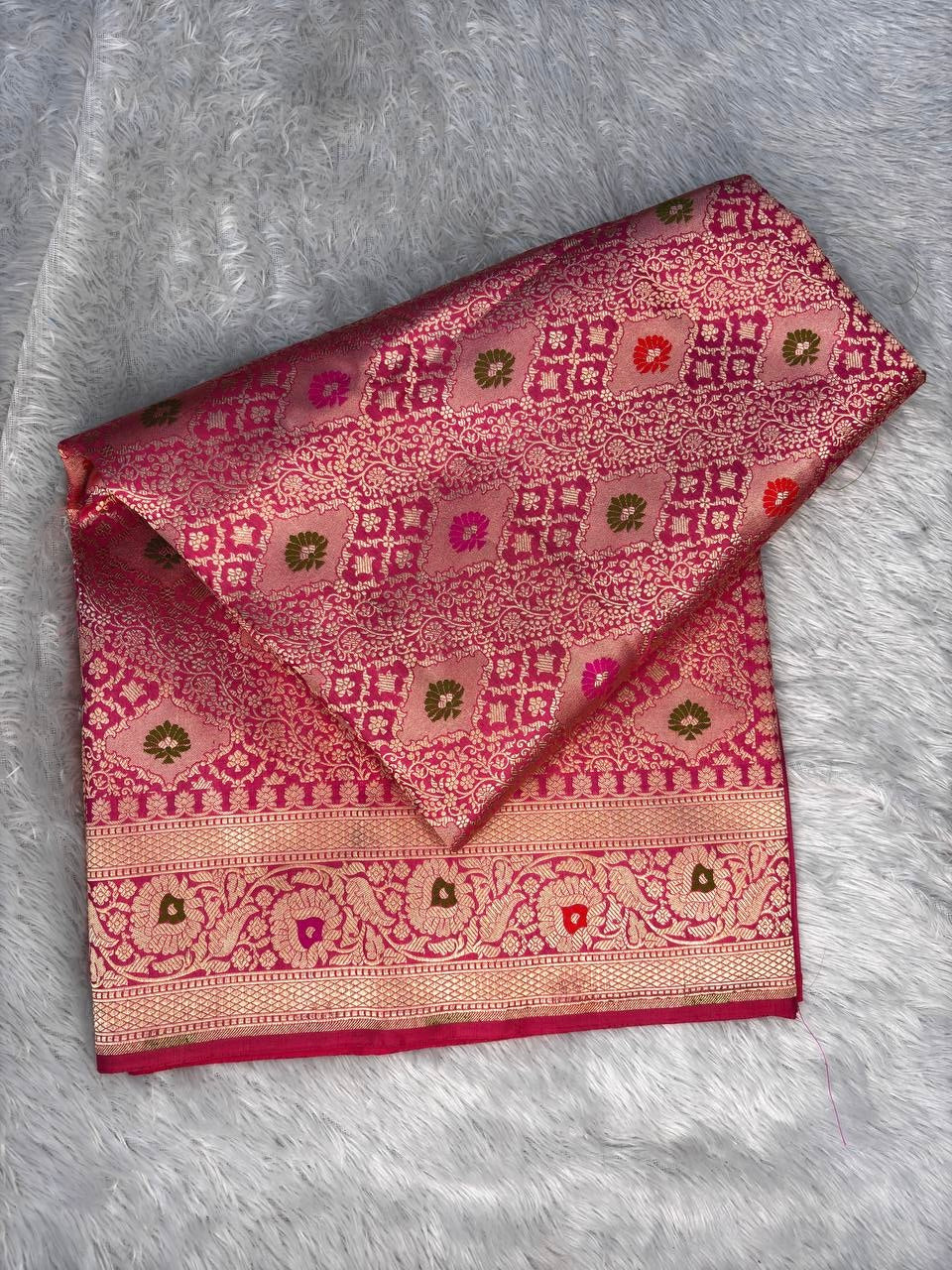 Rani Pink Pure Katan Silk Banarasi Saree with Meenakari Jungla Jhaal & Rich Zari Border