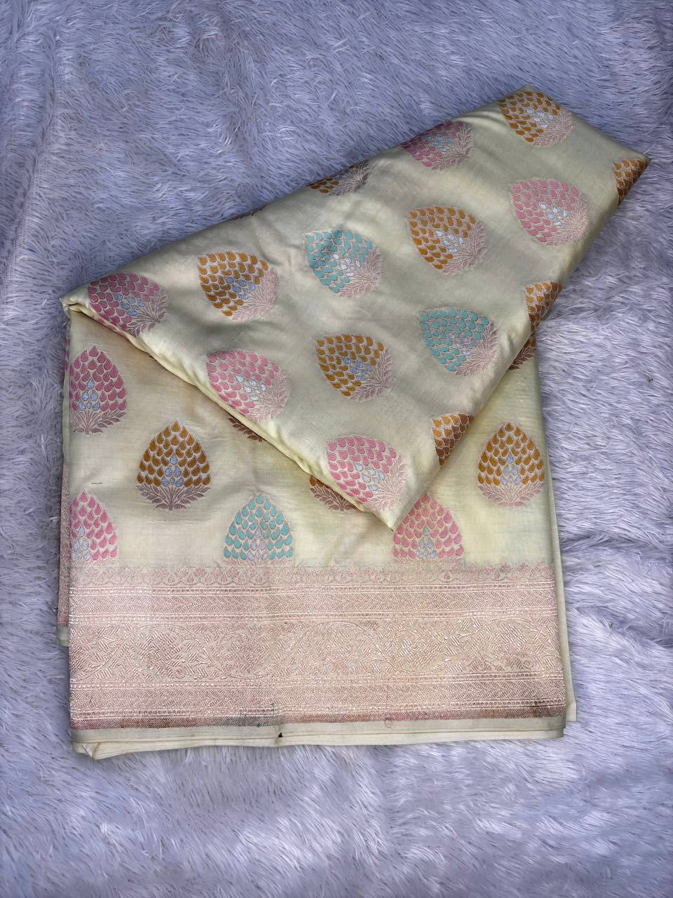 Off-White Ivory Pure Katan Silk Banarasi Saree with Pastel Meenakari Jungla & Antique Zari