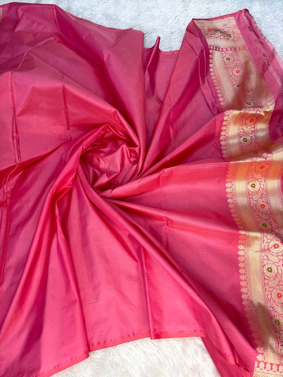 Rani Pink Pure Katan Silk Banarasi Saree with Meenakari Jungla Jhaal & Rich Zari Border