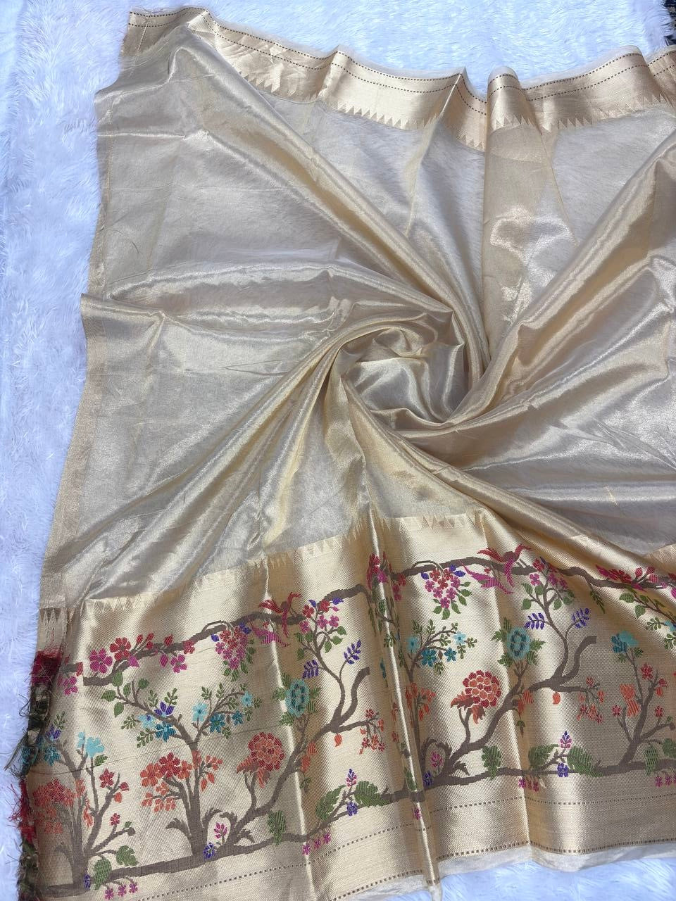 Handwoven Rose Gold Banarasi Tissue Silk Saree with Shikargah-inspired Tree of Life Meenakari Border