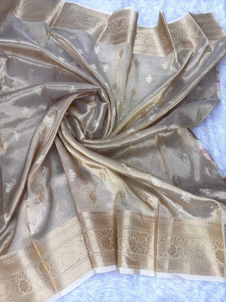 Handwoven Antique Champagne Banarasi Tissue Silk Saree with Meenakari Paisley Medallions and Ornate Zari Border