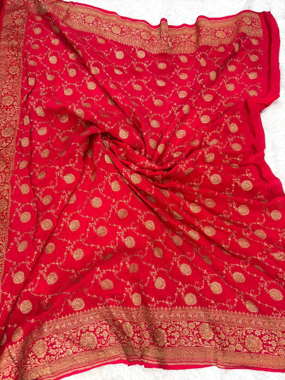Bridal Red Khaddi Crepe Georgette Saree with Ornate Zari Chowka Jaal and Scalloped Paisley Pallu
