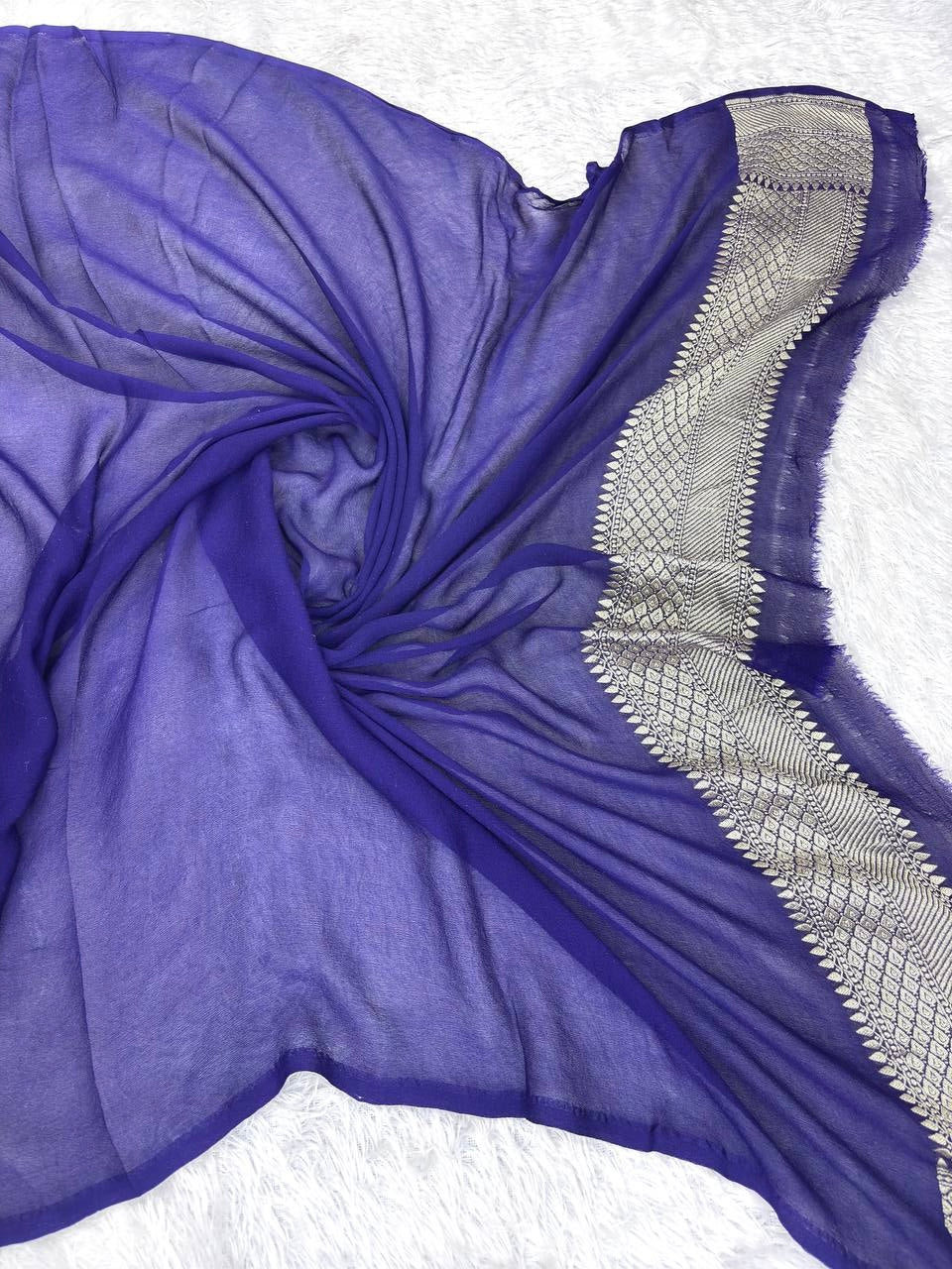 Royal Blue & Ivory Khaddi Georgette Saree with Ornate Kinkhwab Jaal and Pastel Meenakari Mosaic