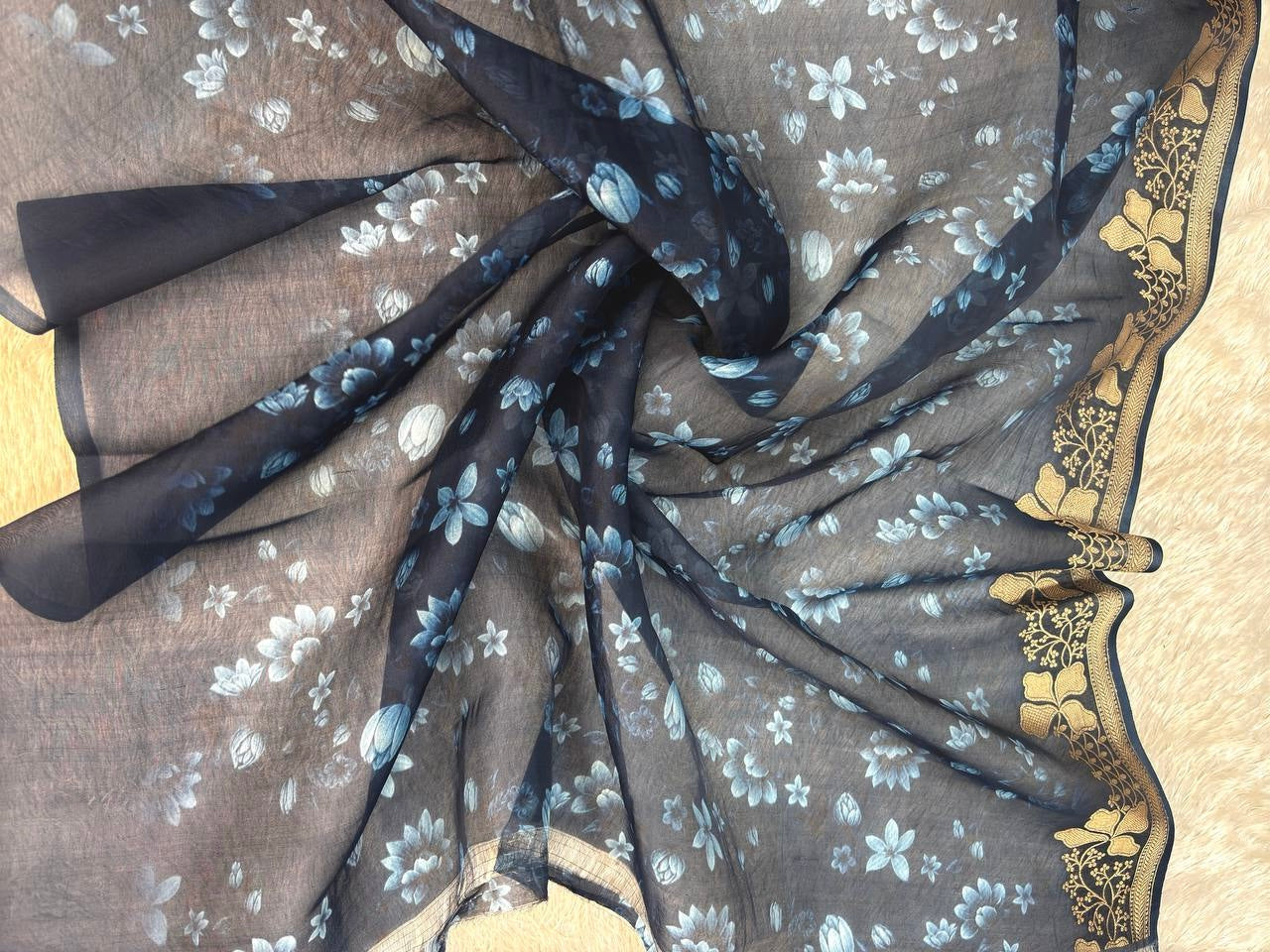 Midnight Blue Kora Silk Fusion Saree with Digital Floral Garden Print and Gold Zari Kadhua Border