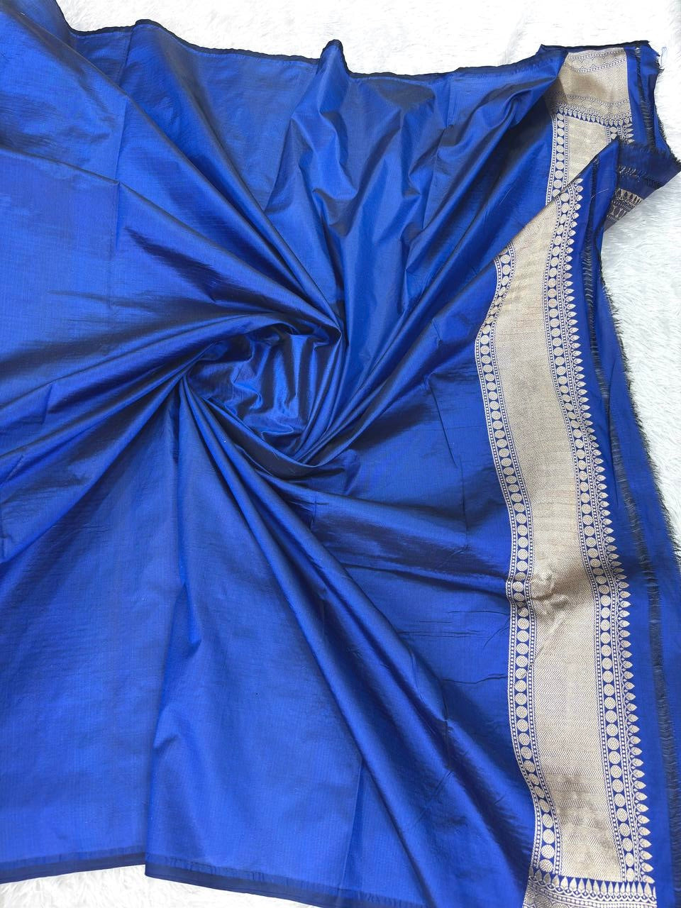 Royal Blue Katan Silk Butidar Saree with Shimmering Silver Zari and Leaf Green Meenakari