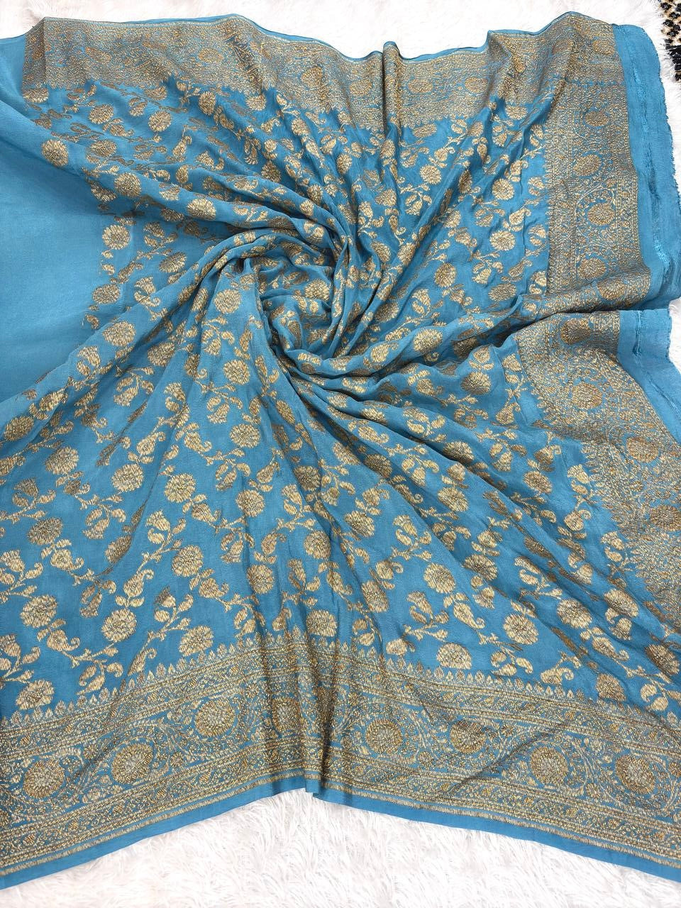 Cerulean Blue Banarasi Khaddi Crepe Georgette Saree with Ornate Antique Gold Zari Border and Scalloped Pallu