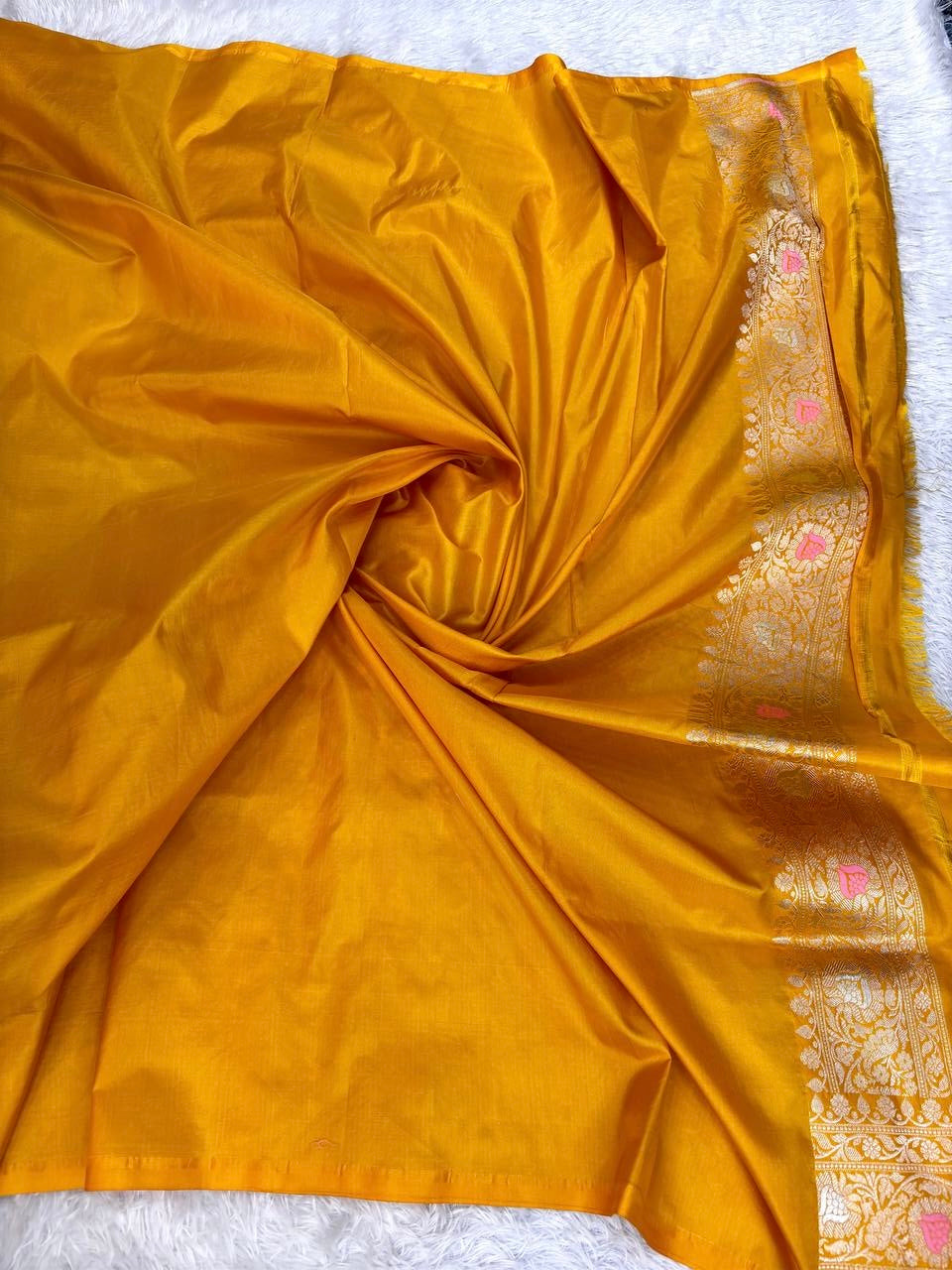 Bright Mustard Katan Silk Jungla Saree with Shimmering Silver Jaal and Pastel Meenakari