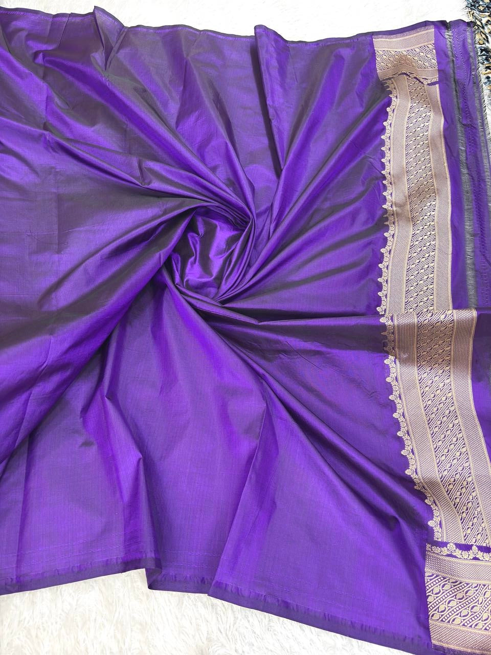 Royal Purple Katan Silk Saree with Silver Zari Ogee Jaal and Magenta Meenakari Waves
