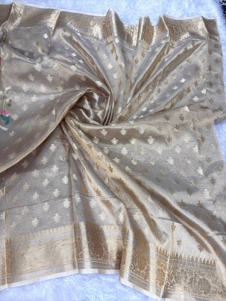 Handwoven Antique Champagne Banarasi Tissue Silk Saree with Bold Meenakari Lotus Jaal and Kadhwa Zari Border