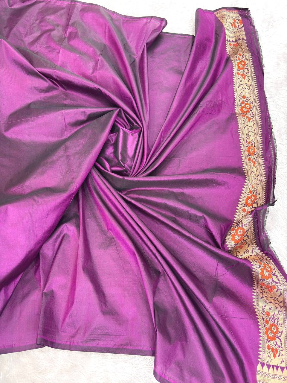 Royal Violet Katan Silk Jungla Saree with Silver Zari Jaal and Vibrant Meenakari Florals