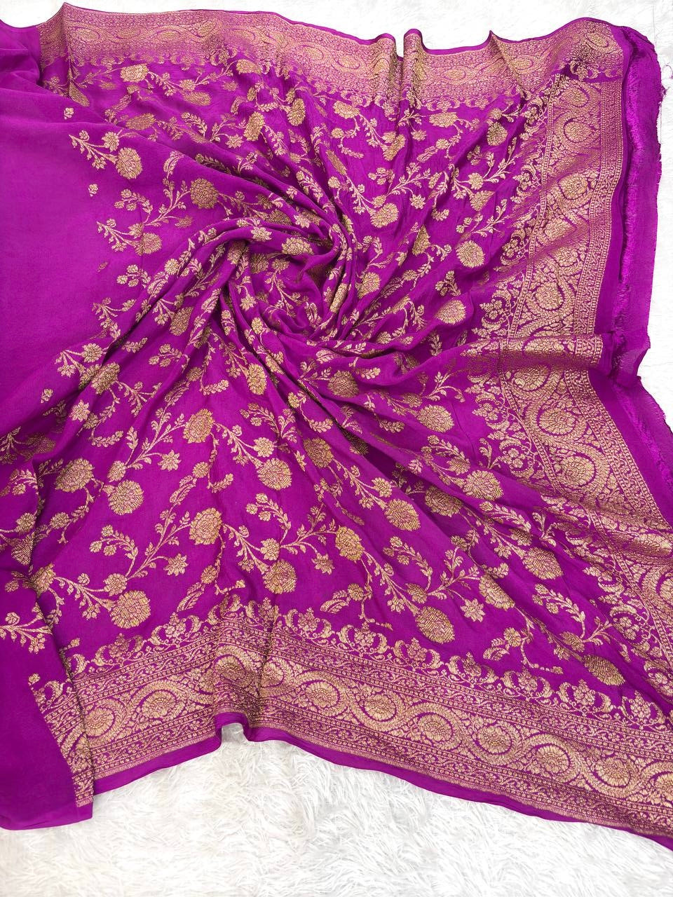 Magenta Pink Khaddi Crepe Georgette Saree with Fine Antique Gold Buti Jaal and Ornate Paisley Pallu
