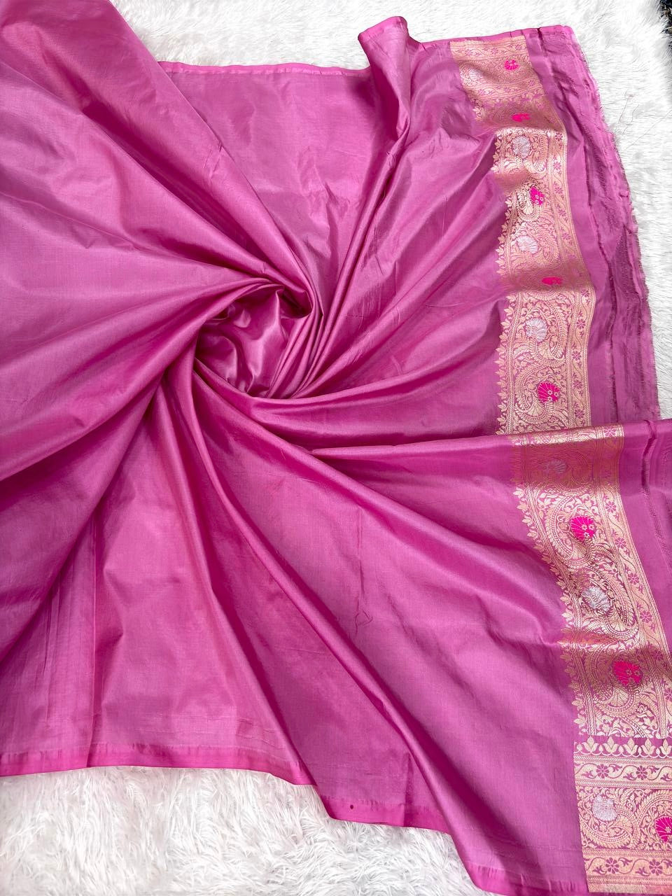 Onion Pink Katan Silk Jungla Saree with Silver Zari Bel and Multi-Color Meenakari