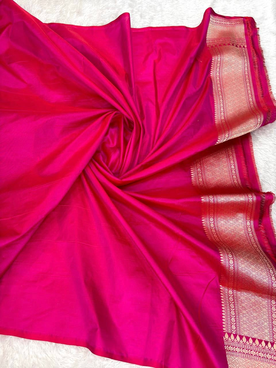 Crimson Rose Katan Silk Jungla Saree with Gold Zari Jaal and Fiery Red Meenakari