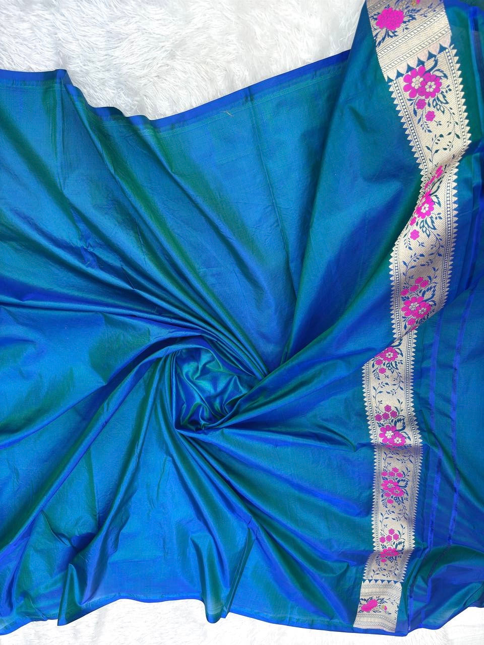 Dual-Tone Rama Blue & Emerald Katan Silk Jungla Saree with Silver Zari and Pink Meenakari
