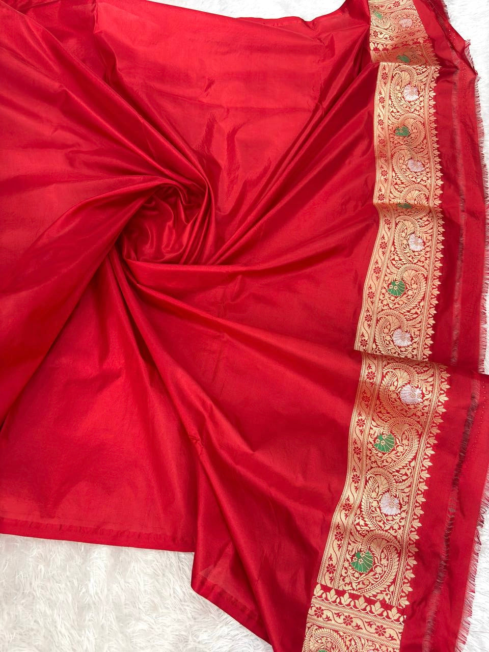 Bridal Scarlet Red Katan Silk Saree with Antique Gold Diagonal Bel and Jewel-Toned Meenakari