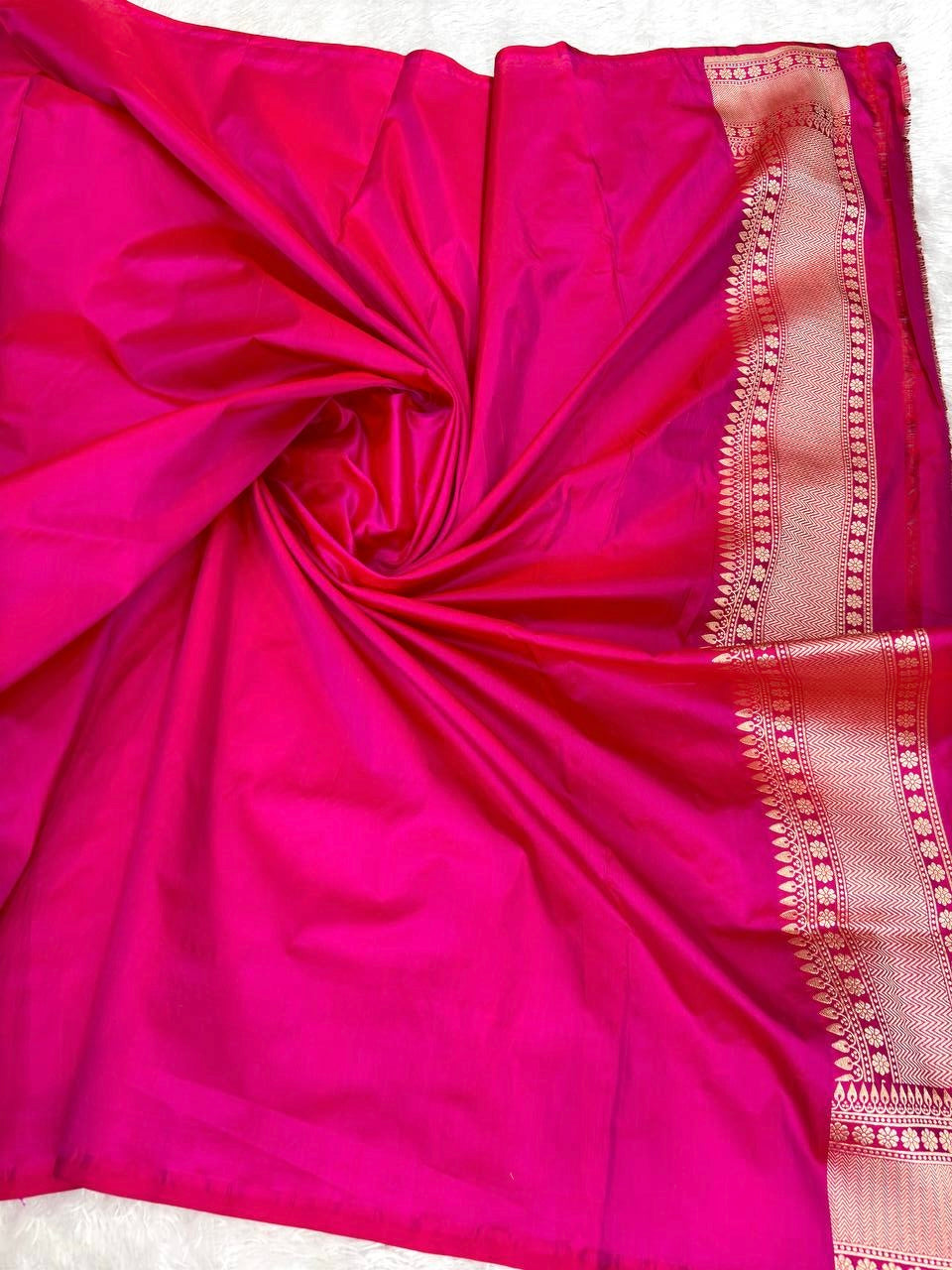 Rani Pink Katan Silk Saree with Antique Gold Zari Butas and Meenakari Detailing
