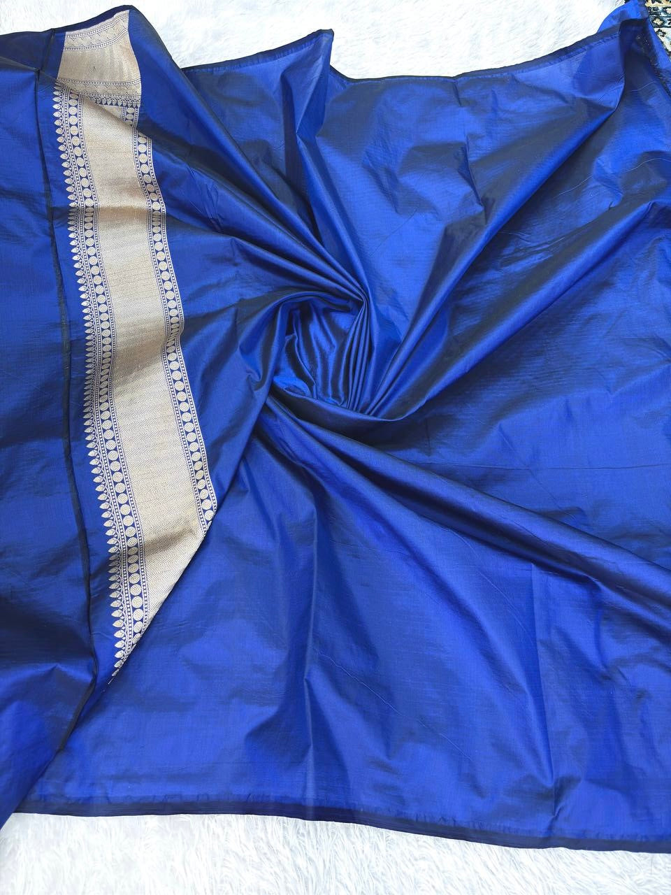 Royal Blue Handwoven Katan Silk Banarasi Saree with Silver Zari Meenakari Buta and Cutwork Border