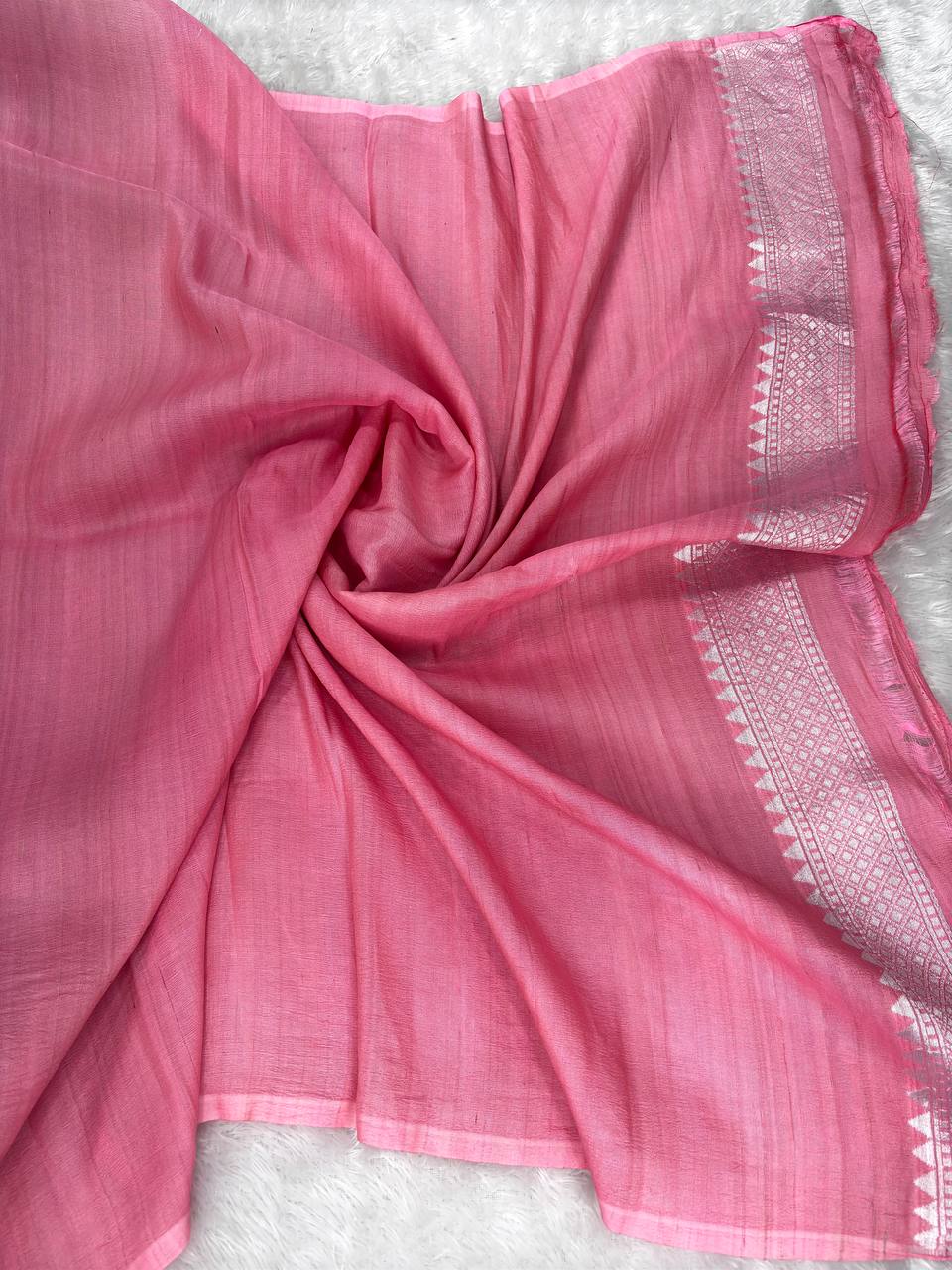 Elegant Pink Tussar Georgette Saree with Silver Zari Border & Multicolor Floral Weaving
