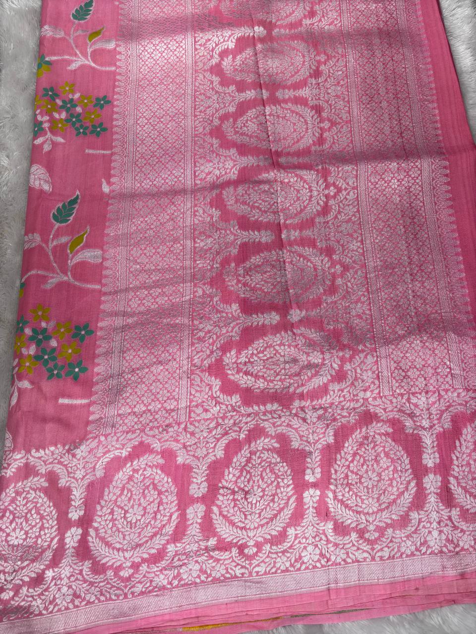 Elegant Pink Tussar Georgette Saree with Silver Zari Border & Multicolor Floral Weaving