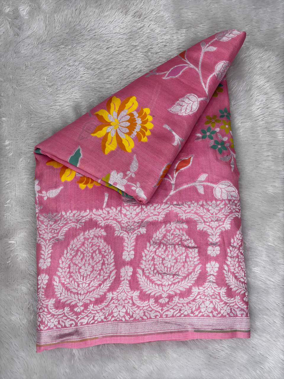 Elegant Pink Tussar Georgette Saree with Silver Zari Border & Multicolor Floral Weaving