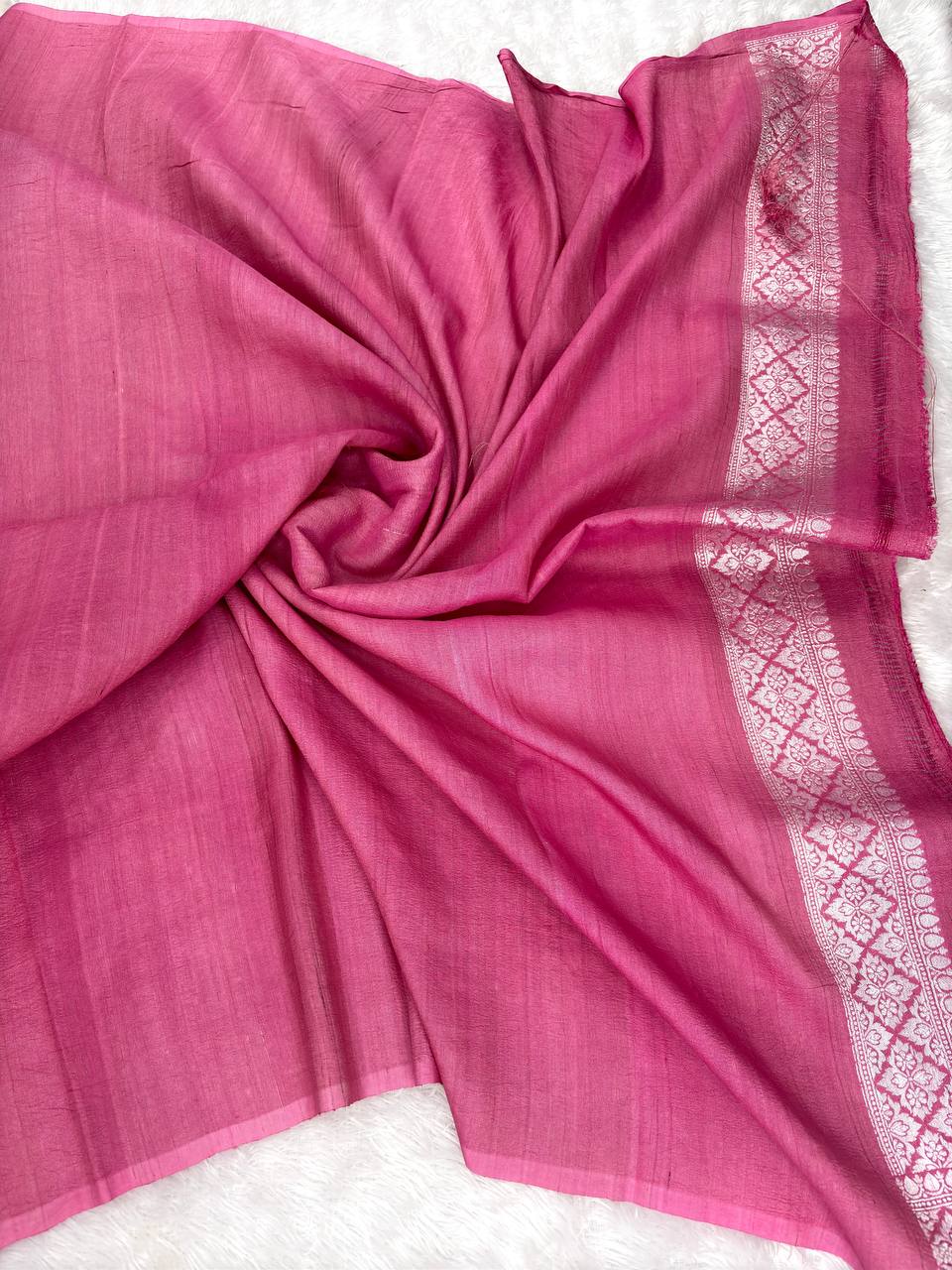 Elegant Rani Pink Tussar Georgette Saree with Silver Zari Border & Multicolor Floral Weaving