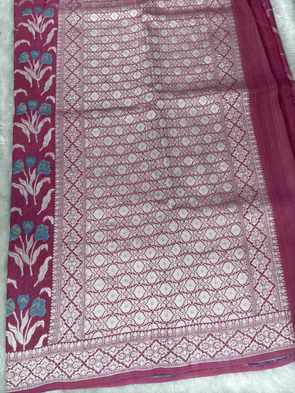 Elegant Rani Pink Tussar Georgette Saree with Silver Zari Border & Multicolor Floral Weaving