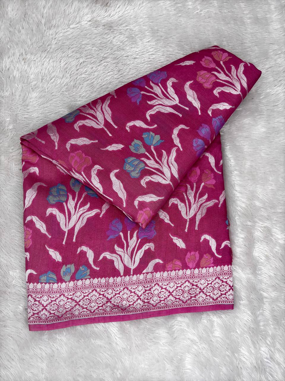 Elegant Rani Pink Tussar Georgette Saree with Silver Zari Border & Multicolor Floral Weaving