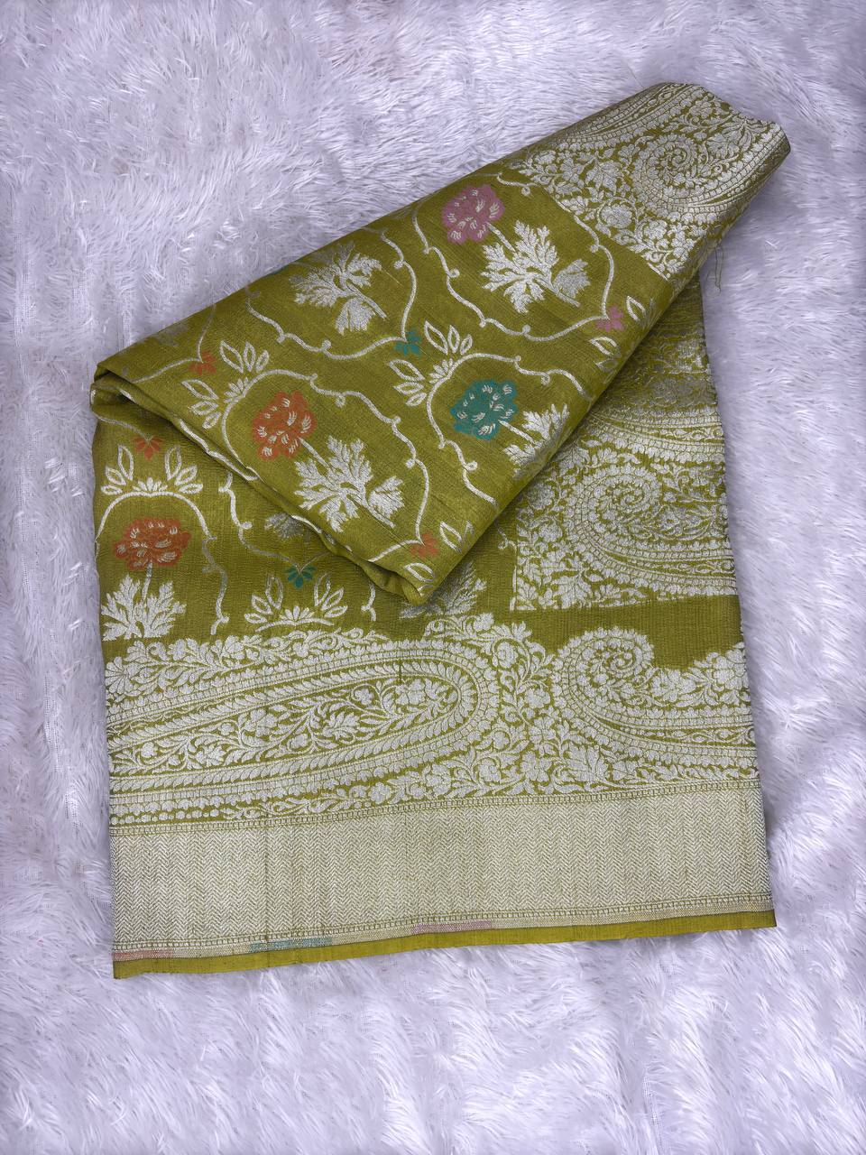 Lime Chartreuse Tussar Georgette Saree with Silver Zari Paisley Pallu & Meenakari Floral Lattice