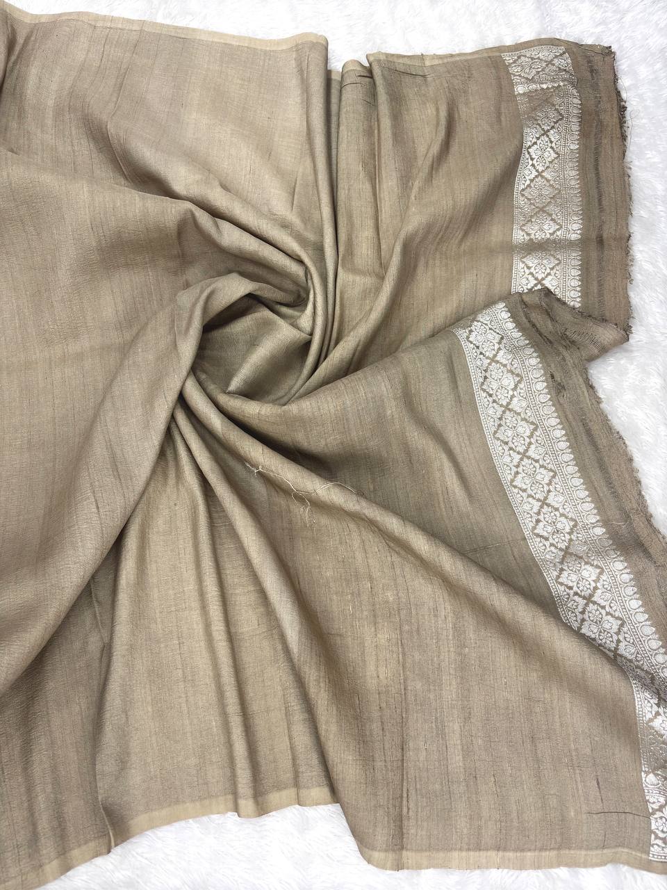 Mocha Taupe Tussar Georgette Saree with Silver Zari Jaal & Multicolour Meenakari Florals