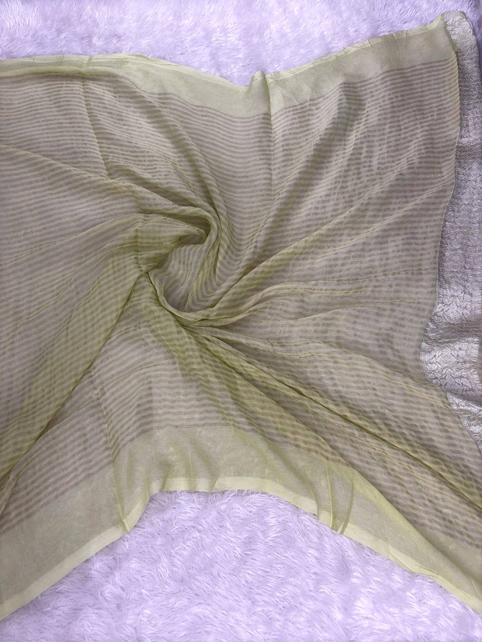 Handwoven Lime Green Khaddi Georgette Banarasi Saree with Silver Zari & Meenakari Butis