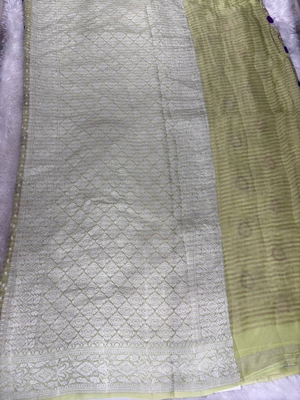 Handwoven Lime Green Khaddi Georgette Banarasi Saree with Silver Zari & Meenakari Butis