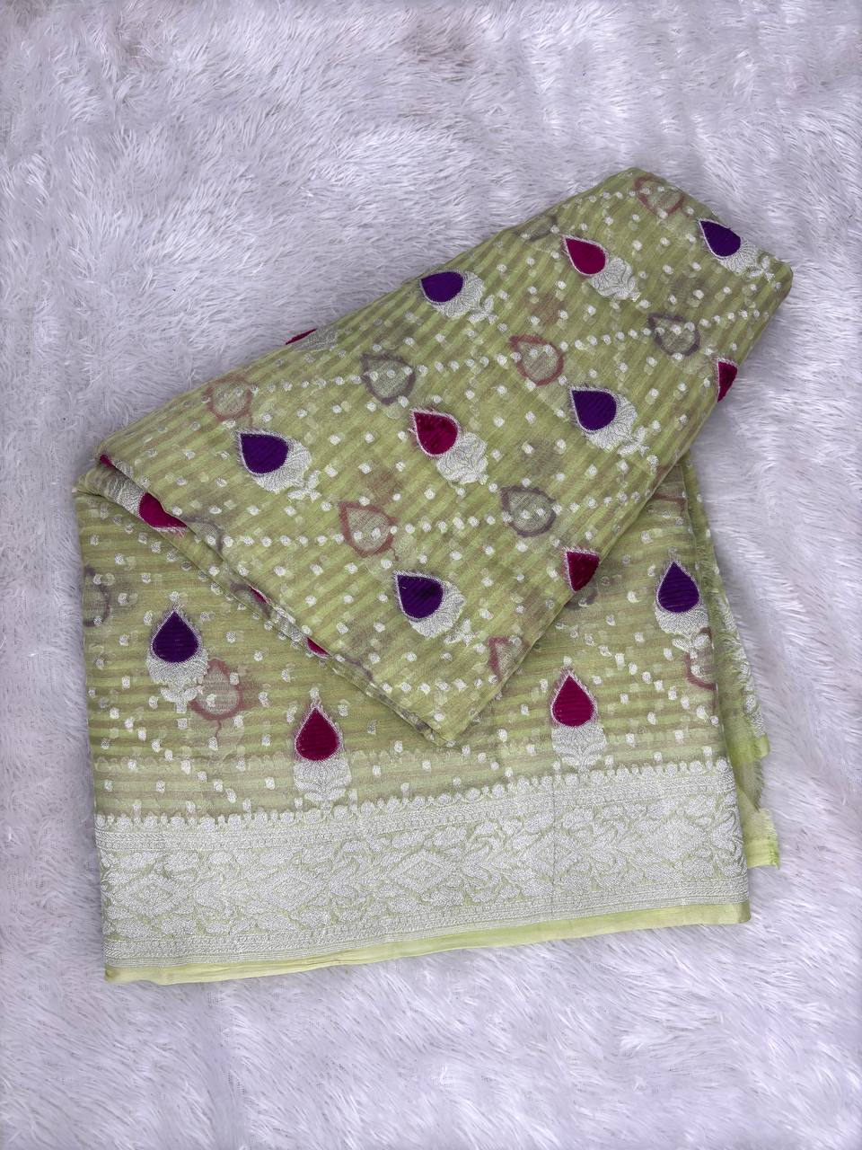 Handwoven Lime Green Khaddi Georgette Banarasi Saree with Silver Zari & Meenakari Butis