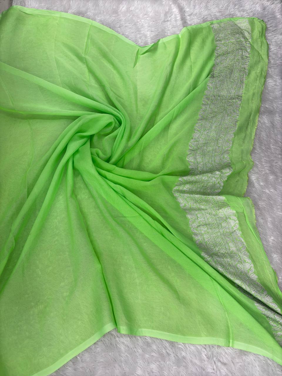 Vibrant Neon Lime Khaddi Georgette Banarasi Saree with Silver Zari Jaal & Meenakari Accents