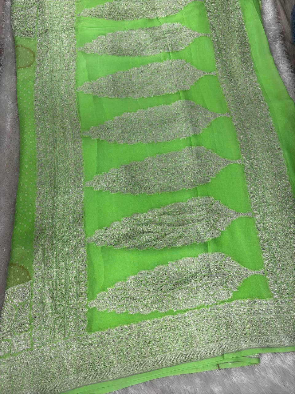 Vibrant Neon Lime Khaddi Georgette Banarasi Saree with Silver Zari Jaal & Meenakari Accents