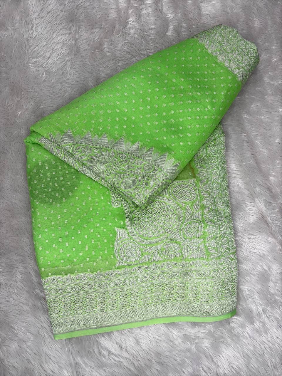 Vibrant Neon Lime Khaddi Georgette Banarasi Saree with Silver Zari Jaal & Meenakari Accents