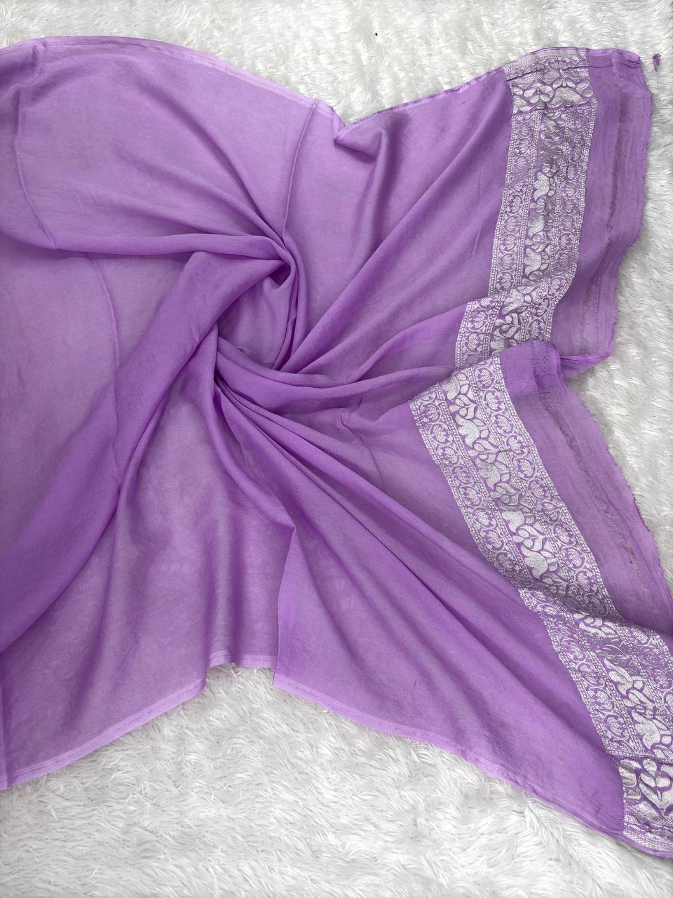 Lavender Handwoven Khaddi Georgette Banarasi Saree with Multi-Color Meenakari Floral Jaal