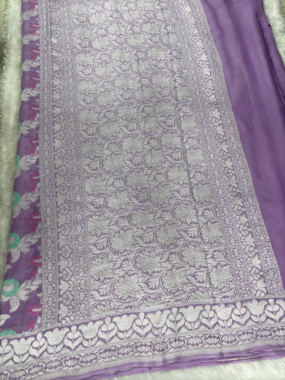 Lavender Handwoven Khaddi Georgette Banarasi Saree with Multi-Color Meenakari Floral Jaal