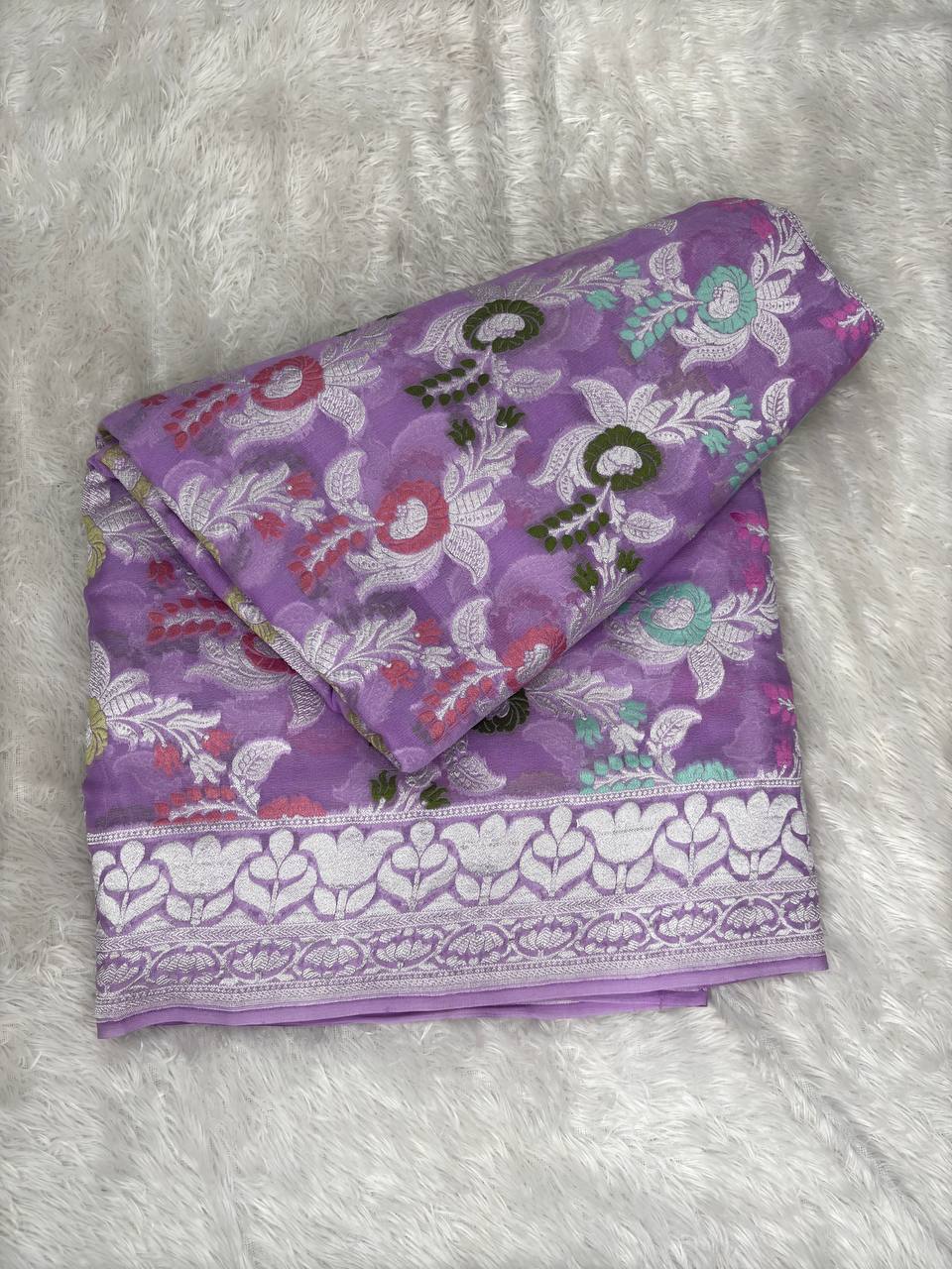 Lavender Handwoven Khaddi Georgette Banarasi Saree with Multi-Color Meenakari Floral Jaal