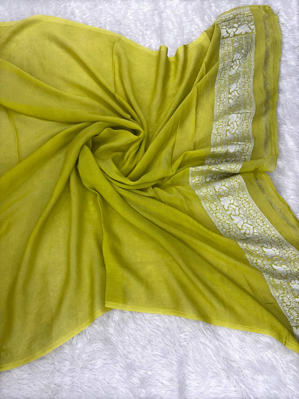 Olive Mustard Khaddi Georgette Banarasi Saree with Multi-Color Meenakari Floral Jaal