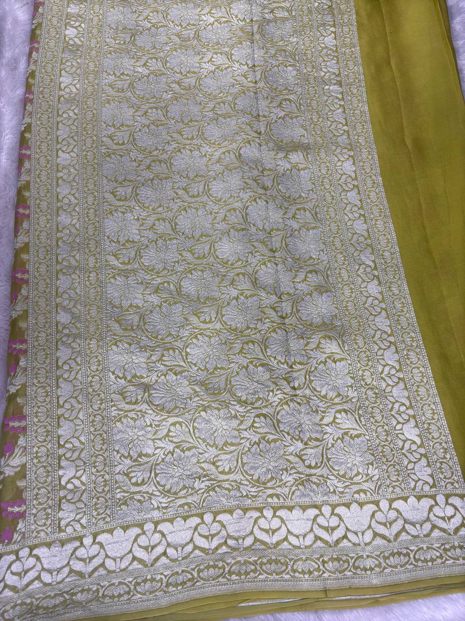 Olive Mustard Khaddi Georgette Banarasi Saree with Multi-Color Meenakari Floral Jaal