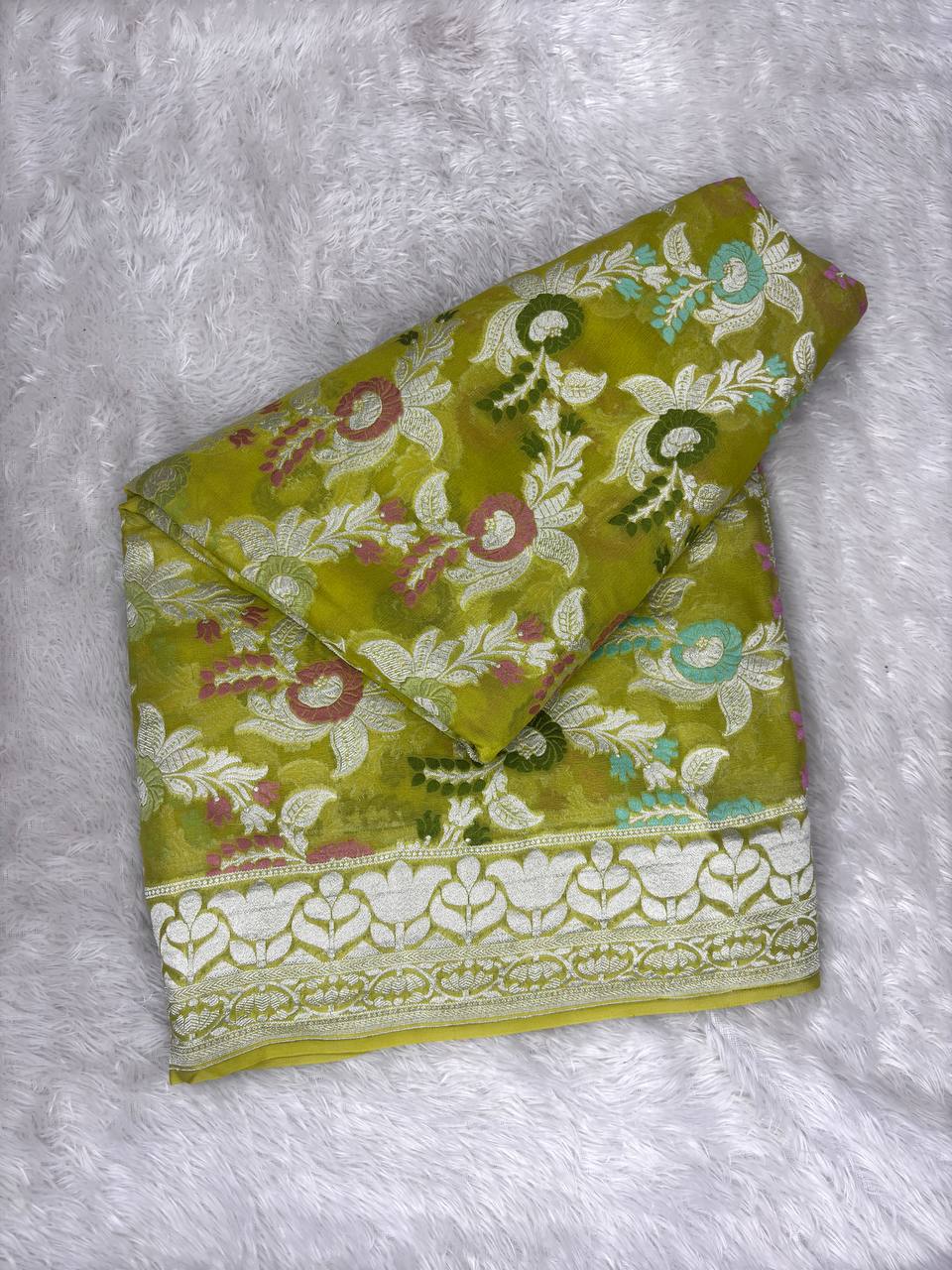 Olive Mustard Khaddi Georgette Banarasi Saree with Multi-Color Meenakari Floral Jaal