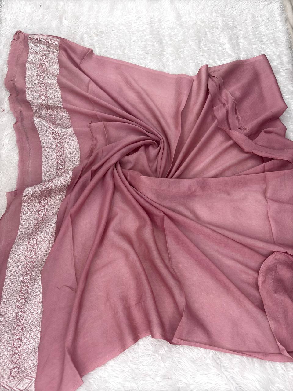 Onion Pink Handwoven Khaddi Georgette Banarasi Saree with Silver Zari Jaal & Multi-Color Meenakari Flowers