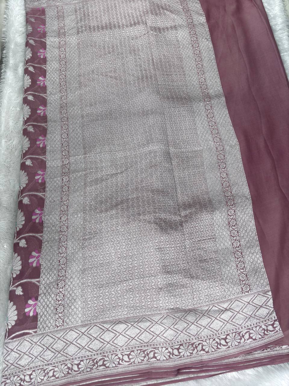 Onion Pink Handwoven Khaddi Georgette Banarasi Saree with Silver Zari Jaal & Multi-Color Meenakari Flowers